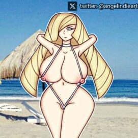 alternate_breast_size angelindieart14 arms_behind_back arms_behind_head arms_up background beach big_breasts bikini blonde-haired_female blonde_female blonde_hair breasts female game_freak green_eyes huge_breasts light-skinned_female light_skin long_hair lusamine_(pokemon) nintendo nipples nude nude_female pokemon pokemon_sm pussy vagina