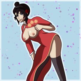 1girls black_hair black_leggings blue_eyes boob_window boobs_out breasts female intimate_rain leggings medium_breasts oc original original_character pawcanada pinup qipao red_dress red_hair_ornament smile the_city_of_reygarth