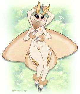 2_toes antennae_(anatomy) anthro arthropod black_eyes blush breasts claws feelers feet female female_only genitals hi_res insect_wings insects lepidopteran lying moth multi_arm multi_limb neck_tuft nipples non-mammal_breasts non-mammal_nipples on_back pussy small_breasts solo toes tuft w4g4 wings wrist_fluff