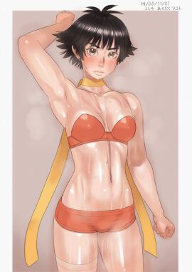 2d armpits black_hair breasts brown_eyes busty capcom female female_focus female_only hourglass_figure makoto_(street_fighter) navel scarf short_black_hair short_hair small_breasts street_fighter street_fighter_iii sweat tagme tomboy underwear wide_hips zenkou