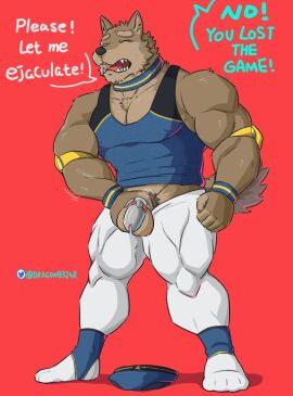 anthro aroused artist_name balls bara begging begging_to_cum biceps black_nose blue_text bodily_fluids bottomwear bottomwear_down brown_body canid canine canis chastity_cage chastity_device closed_eyes clothed clothing collar crotch_grab crotch_tuft dialogue discarded_clothing discarded_underwear domestic_dog dragon0324r english_text fluffy fluffy_tail front_view frustrated genital_fluids genitals grope male mammal metal_chastity_cage muscular muscular_male nipples_outline offscreen_character open_mouth orgasm_denial pants pants_down partially_clothed precum red_background sharp_teeth shirt simple_background solo solo_male speech_bubble standing submissive submissive_male sweat sweatband sweatdrop tail tank_top teeth text tight_bottomwear tight_clothing tight_pants topwear tuft twitter twitter_logo underwear white_bottomwear white_clothing white_pants white_text wristband yaoi