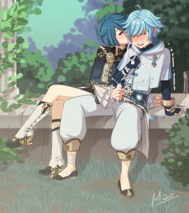 2022 2boys aqua_hair bare_legs bare_thighs blue-haired_male blue_clothing blue_dress blue_hair blue_sleeves blush blush_lines blushing_male chongyun_(genshin_impact) closed_eyes closed_legs cock crossed_legs crossed_legs_(sitting) cum cum_dripping cum_in_hand cum_on_hand cumdrip cumming cumming_from_handjob dress duo_focus ejaculation erection fingerless_gloves forest forest_background frilled_shirt_collar frilled_sleeves gay gay_handjob gay_sex genshin_impact gold_jewelry gold_trim grass green_background gripping gripping_cock gripping_penis hand_on_another's_penis hand_on_penis handjob hi_res high_collar high_heel_boots high_heeled_boots high_heels highres homosexual jerking_off jerking_off_another leaves legs_apart legs_together legwear male male_duo male_focus male_on_male male_only mao_di may_(month) open_legs open_mouth pants pattern_clothing pattern_dress penis pillar sex sleeves stone_pillars sultry_eyes sultry_gaze thighs vines white_pants xingqiu_(genshin_impact) yaoi