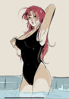 armpits black_swimsuit breasts cleavage devilkokonatsu female large_breasts long_hair oc one-piece_swimsuit original original_character pink_hair pool retro_artstyle swimsuit wet