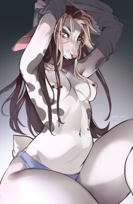 2024 anthro artist_name barbell_piercing black_hair black_lips blonde_highlights blue_clothing blue_panties blue_underwear breasts clothing deer digital_media_(artwork) ears_down eyebrows facial_piercing female fur gradient_background hand_above_head heterochromia hi_res highlights_(coloring) horn hudojishe lips long_hair looking_at_viewer mammal markings navel nipple_piercing nipples noora_(noodlerain) nose_piercing panties piercing pink_horn pink_nipples pink_nose pivoted_ears ring_piercing scut_tail short_tail simple_background solo spots spotted_body spotted_fur tail underwear undressing white_body white_fur