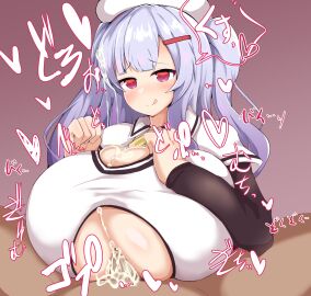 1boy 1girls ajax_(azur_lane) azur_lane blush breast_press breasts breasts_bigger_than_head clothed_female_nude_male clothed_paizuri cum cum_between_breasts cum_in_hair cum_on_breasts detritus duvet208 engulfing_paizuri eyebrows_visible_through_hair female female_focus huge_breasts japanese_text licking_lips male massive_breasts paizuri paizuri_lead_by_female paizuri_under_clothes purple_hair red_eyes sailor_uniform smile tied_hair titjob twintails