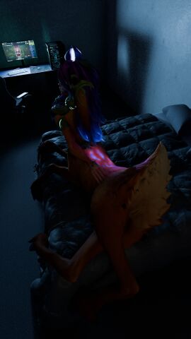 3d anthro ass bahamut0 bed blender computer deer_ears deer_girl deer_taur female flower_in_hair furry furry_female glowing glowing_markings hooves laying_down league_of_legends lillia_(league_of_legends) nude on_bed pov purple_hair pussy vagina