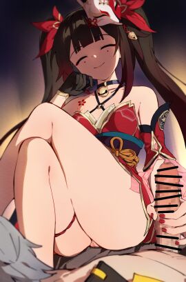 1boy bar_censor bare_shoulders bell black_choker black_gloves black_jacket breasts brown_hair caelus_(honkai:_star_rail) censored choker closed_eyes closed_mouth commentary crossed_legs dress female fox_mask gloves grey_hair handjob highres honkai:_star_rail honkai_(series) jacket long_hair lying male mask mask_on_head nashidrop open_mouth pussy red_dress short_hair single_glove smile sparkle_(honkai:_star_rail) thighs twintails