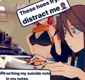 ari_(class_of_'09) bra class_of_'09 depression female meme nicole_(class_of_'09) orange_shirt red_hair sweating these_hoes_tryna_distract_me_(meme) yuri