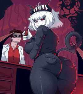 1boy albina albina_(tidal) arm_under_breasts ass ass_focus back bags_under_eyes black_jacket black_pants blazer blush breasts closed_mouth colored_skin cosplay cowboy_shot cup demon demon_girl demon_tail dot_nose drinking_glass eyelashes female from_behind from_below from_side half-closed_eyes hand_up helltaker helltaker_(character) helltaker_(character)_(cosplay) highres holding holding_cup huge_ass huge_breasts jacket large_breasts long_sleeves looking_at_another looking_at_viewer looking_back looking_down looking_to_the_side lucifer_(helltaker) lucifer_(helltaker)_(cosplay) male medium_hair office_lady open_clothes open_jacket original pants red_eyes red_shirt shaded_face shirt smile solo_focus sunglasses tail thick_thighs thighs tidal_(artist) tidal_(tidaltides) white_hair white_jacket white_skin winde wine_glass