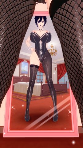 akinama_family_(noir-black-shooter) big_breasts breasts bunny_ears bunnysuit dark_blue_hair female huge_breasts koikatsu milf naoki_akinama_(noir-black-shooter) noir-black-shooter oc original original_character purple_eyes short_hair