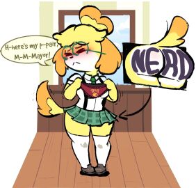 1girls animal_crossing ass blush body_writing bottomless embarrassed female female_only glasses holding_panties isabelle_(animal_crossing) nerd nerdy_female nintendo panties panties_removed picknpull presenting_panties school_uniform tagme writing_on_ass