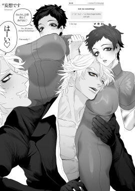 1boy 1girls big_breasts bishonen blush breasts drooling english_text eriurias73 fear_and_hunger fear_and_hunger:_termina female genderswap genderswap_(mtf) gloves hard_translated japanese_text jumpsuit levi_(fear_and_hunger) low-angle_view male military_uniform monochrome muscular muscular_male nipple_bulge open_shirt pavel_yudin rule_63 short_hair smile soldier thick_eyebrows underboob very_short_hair waist_grab