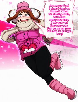 big_breasts blush boku_no_hero_academia boots brown_hair clothed dialogue earmuffs female_only femsub hat heart heart_eyes horny horny_female hypnosis hypnotic_accessory in_love jacket love love_note mittens my_hero_academia netorare ninalife31 ochaco_uraraka open_mouth scarf short_hair simple_background smile solo speech_bubble spiral_eyes text yoga_pants