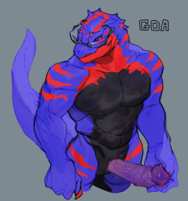 animal_genitalia anthro bebebebebe biped black_body blue_body blue_eyes blue_tail erection eyewear eyewear_only fingers genital_slit genitals glans glasses glasses_only grey_background looking_aside male multicolored_body muscular nude penis red_body scalie simple_background solo spiked_penis spikes spikes_(anatomy) tail teeth upper_body wearing_glasses