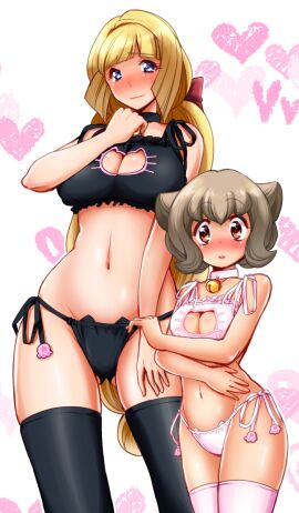 2girls atra_mixta bare_shoulders bell black_legwear blonde_hair blue_eyes blush bra breasts brown_eyes brown_hair cat_cutout cat_ear_panties cat_lingerie choker cleavage cleavage_cutout clothing_cutout collar female gundam gundam_tekketsu_no_orphans heart highres huge_breasts jingle_bell kudelia_aina_bernstein lingerie long_hair looking_at_viewer meme_attire multiple_females multiple_girls navel nenbuta panties parted_lips pink_legwear ponytail short_hair side-tie_panties small_breasts standing thighhighs underwear very_long_hair
