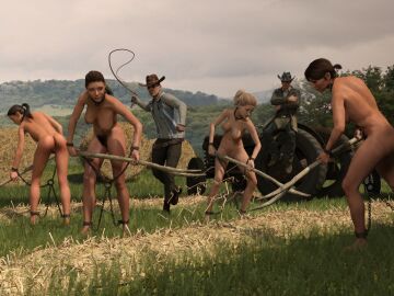 2boys 3d 4girls ankle_cuffs barefoot black_hair blonde_hair bondage breasts chains clothed_male_nude_female collar completely_nude crabbyoldman cuffs female femsub forced_labor male maledom multiple_females multiple_girls multiple_subs nude nude_female original outdoors slave slave_girl slave_labor whip wrist_cuffs