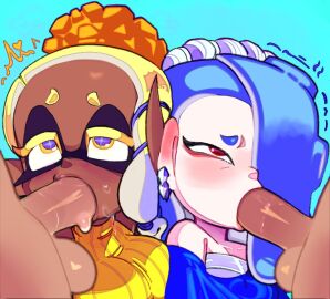 2boys 2girls balls blowjob blue_hair bonne chocolate_and_vanilla dark-skinned_female dark_skin fellatio female female_focus frye_(splatoon) hair_over_one_eye inkling light-skinned_female light_skin male octoling penis shiver_(splatoon) splatoon splatoon_(series) splatoon_3 tentacle_hair yellow_hair