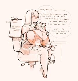 antagonist big_breasts bottle breast_pump breasts chair cleavage clothing dialogue dominant dominant_female domination female holding holding_object huge_breasts lactation long_hair milk milk_bottle milking milking_breasts milking_machine nipple_suck nipples nursing_bra office office_chair office_clothing office_lady onomatopoeia paper polocom simple_background simple_eyes sitting smile smug sucking_nipples swivel_chair talking_to_viewer text wide_hips