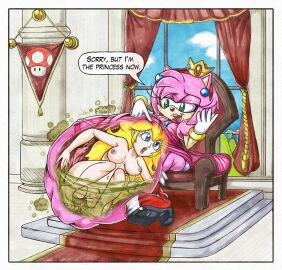 accessory amy_rose anthro belly big_belly blonde_hair blue_eyes boots bracelet breasts chair clothing crown dress duo ear_piercing eulipotyphlan female female/female female_prey footwear furniture genitals gloves gold_(metal) gold_bracelet gold_jewelry green_eyes hair hair_accessory hairband handwear headgear hedgehog hi_res huge_belly human jewelry killboo lipstick long_hair makeup mammal mario_(series) mario_bros nintendo nude nude_female piercing pink_body prey_bulge princess_peach pussy same_size_vore sega shoes sitting sonic_(series) sonic_the_hedgehog_(series) throne throne_room underwear vore vulva x-ray_view