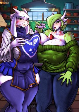 2girls after_kiss anthro big_breasts big_thighs bluewolfartista blush boss_monster_(undertale) breast_press breasts breasts_bigger_than_head chubby chubby_female commission crossover curvy duo eastern_and_western_character female female_only full_lips furry gardevoir goat green_eyes green_hair huge_breasts huge_thighs kitchen large_breasts large_thighs lipstick_mark lipstick_mark_on_breast lipstick_mark_on_chest lipstick_mark_on_face lipstick_marks looking_at_viewer massive_breasts mature_female milf milfs monster_girl mother nintendo overboob pokemon pokemon_(species) red_eyes thick thick_hips thick_legs thick_thighs thigh_highs thighhighs thighs_bigger_than_head toby_fox toriel undertale undertale_(series) white_fur wide_hips yuri