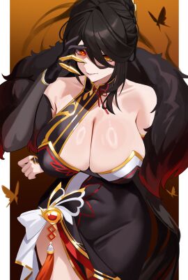 absurdres ara_haan black_dress black_hair black_scarf breasts bug butterfly ddog dress elsword female gloves grin highres huge_breasts insects looking_at_viewer scarf simple_background smile solo thighs yellow_eyes