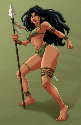 1girls bikini black_hair cavewoman dark-skinned_female dark_skin female green_eyes holding_weapon jungle_girl long_hair nikoalecsovich original original_character prehistoric primitive spear tarzan thick_thighs tribal