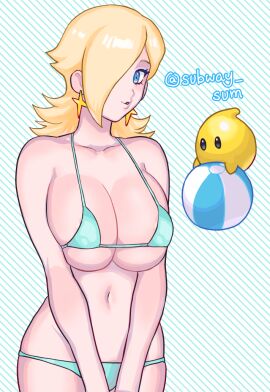 beach_ball bikini blue_eyes breasts cleavage female huge_breasts luma mario_(series) nintendo one_eye_covered platinum_blonde_hair princess_rosalina solo solo_focus subway_sum