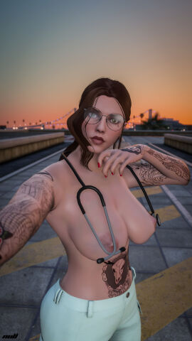 amelia_waters breasts brown_hair doctor female glasses grand_theft_auto grand_theft_auto_online grand_theft_auto_v green_eyes naked naked_female nipples nopixel nude nude_female nullinvoid nurse ponytail selfie stethoscope tattoo tattoo_on_arm tattoo_on_belly tattoo_on_legs tattooed_arm tattoos tits_out topless topless_female