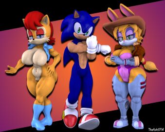 3d anthro archie_comics breasts bunnie_rabbot chipmunk cleavage female hedgehog huge_breasts male rabbit sally_acorn sonic_(series) sonic_the_hedgehog sonic_the_hedgehog_(archie) sonic_the_hedgehog_(comics) sonic_the_hedgehog_(series) theashsfm trio