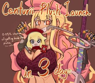 1girls advertisement blonde-haired_female blonde_female blonde_hair bra breasts centurii-chan centurii-chan_(character) clothed english_text female female_only gyaru gyaru_landsknecht_(centurii-chan) marketable_plushie object_between_breasts original plushie red_eyes solo solo_female star star_eyes sword text underwear weapon zweihander