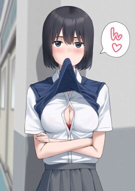 black_hair blue_sweater_vest bob_cut bra breasts cleavage collared_shirt crossed_arms door female grey_skirt heart highres indoors kiona_(giraffe_kiona) large_breasts lifting_own_clothes looking_at_viewer originalabsurdres red_bra school_uniform shirt short_hair short_sleeves skirt solo speech_bubble spoken_heart sweater_vest sweater_vest_lift translation_request underwear white_shirt