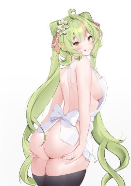 1girls absurd_res apron apron_only artist_request ass ass_focus back back_view big_breasts breasts curvy female green_hair hair_ornament highres holding_ass inannabell licking_lips licking_own_lips sexually_suggestive sideboob solo solo_focus tagme thick thighhighs thighs yellow_eyes