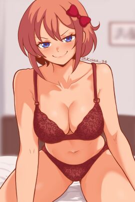 1girls blue_eyes bow breasts cleavage doki_doki_literature_club female female_focus female_only koisa_34 legs lingerie lingerie_only looking_at_viewer sayori_(doki_doki_literature_club) short_hair smiling_at_viewer thighs underwear