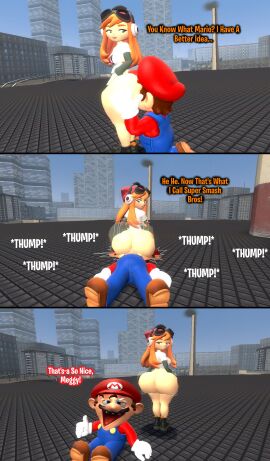 3d ass big_ass big_butt_(female) blue_overalls bottomless_female brown_hair butt_slam comic dialogue english_text face_on_butt female flattened gloves hat human_meggy idea kaibernation looking_at_partner mario mario_(series) meggy_spletzer onomatopoeia orange_hair overalls shoes smg4 text white_gloves