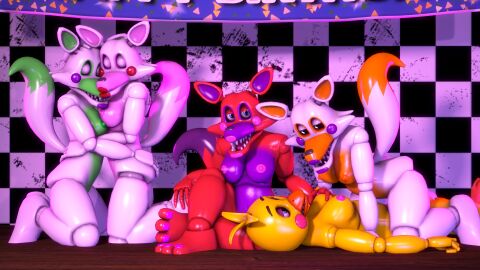 3d accurate_art_style animatronic ass bedroom_eyes bird bird_girl breasts checkered_wall closed_eyes cowgirl_position disboi215 female female_on_female five_nights_at_freddy's five_nights_at_freddy's:_sister_location five_nights_at_freddy's_2 fnaf fox fox_ears fox_girl fox_tail funtime_foxy_(fnaf) funtime_foxy_(fnafsl) green_body green_nipples hand_on_ass hand_on_breast hand_on_butt hand_on_foot hand_on_head hugging lolbit_(fnaf) looking_at_partner looking_at_viewer mangle_(fnaf) on_knees orange_body orange_nipples original_character palette_swap pink_body pink_lipstick pink_nipples purple_body purple_cheeks purple_lipstick red_body red_cheeks red_lipstick robot rosy_cheeks shiny_body tangle_(fnaf) toy_chica_(classic) toy_chica_(fnaf) victoria_(fnaf) victoria_(oc) white_body yellow_body yuri
