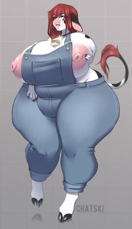 abstract_background animal_print anthro ass big_ass big_breasts big_butt bovid bovine breasts cattle chatski cow_print female full-length_portrait fur hair hooves huge_breasts long_hair mammal multi_breast overalls pink_nose portrait red_hair smile solo spots spotted_body spotted_fur tail tail_tuft teats tuft udders white_body wide_hips