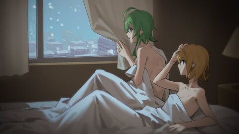 2girls after_sex ahoge bed bed_sheet bite_mark blonde_hair breasts cleavage collar collarbone covering_breasts covering_privates curtains gumi hickey implied_after_sex kagamine_rin lamp looking_through_window multiple_girls naked_sheet on_bed snow under_covers vocaloid window yuri