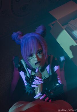 1boy 1girls 2hour2 3d 3d_model 3d_render big_penis blender breasts cyberpunk_2077 eye_contact female fit fit_male foreskin handjob long_fingernails male naked naked_male penis pov pov_eye_contact prosthetic prosthetic_arm purple_hair rita_wheeler small_breasts uncircumcised