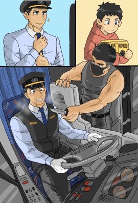2boys black_hair blush bus_interior clenched_teeth covered_mouth driver gloves grey_eyes hat hi_res hijacker holding_knife holding_object imokuma indoors knife male male_only mask mature_male no_visible_genitalia original original_character shaved_side short_hair sitting standing steam steamy_breath suit suit_and_tie tank_top threatening threatening_with_weapon tight_clothing vest wide_eyed wince