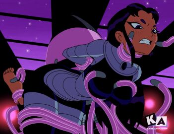 1girls angry_face animated arms_behind_back black_hair black_legwear blackfire blush breast_grab breasts clenched_teeth clothed_sex clothing dc dc_comics feet female foot_fetish from_behind gif implied_penetration interspecies kyde legs_together monster pink_tentacles skirt soles suspension tamaranean teen_titans tentacle tentacle_between_breasts tickling tickling_feet wide_hips