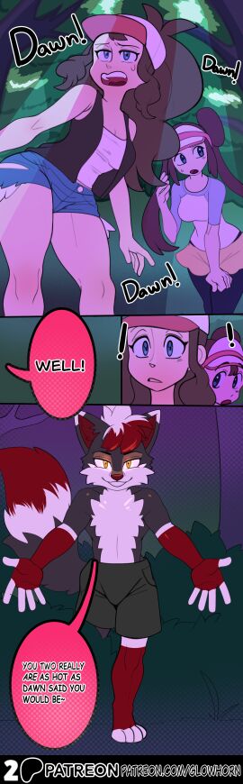 absurd_res anthro artifact_the_fox big_hair big_tail black_body black_fur blue_eyes bodily_fluids bottomwear brown_hair canid canine clothed clothing comic comic_page dialogue duo eyelashes female forest fox fur furry game_freak glowhorn glowing glowing_eyes group hair hair_bun hat headgear headwear hi_res hilda_(pokemon) hotpants human legwear light lighting male male/female mammal nervous nintendo open_mouth orange_eyes partially_clothed pathetic_male plant pokemon ponytail red_body red_fur red_hair rosa_(pokemon) shadow short_sleeved_shirt short_sleeves shorts shrub skirt sleeveless_shirt surprised sweat tail talking_to_another tights tongue topwear tree trio vest visor visor_cap white_body white_fur white_hair yelling