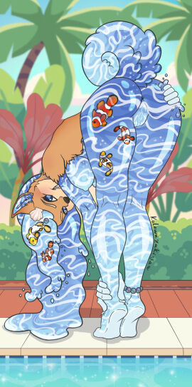 2024 ambiguous_gender anklet anthro anus ass bent_over biped black_nose blue_body blue_eyes breasts canid canine canis clownfish curled_tail day domestic_dog eyebrows female female_focus feral fish genitals goo_creature grin group hand_on_ass hand_on_butt hand_on_own_butt hi_res hybrid jewelry kolewazaki-san looking_at_viewer looking_back looking_back_at_viewer mammal marine medium_breasts multicolored_body nipples nude outside palm_tree plant pomacentrid presenting presenting_hindquarters pussy rear_view red_body seashell shell smile solo_focus standing tail tan_body tree two-tone_body