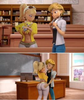 1boy 1girls 3d adrien_agreste ass belt big_ass big_boobs big_breasts big_butt blonde-haired_female blonde-haired_male blonde_female blonde_hair blonde_male breasts chloe_bourgeois cleavage clothed clothing covered_nipples desk edit eyeshadow female ferjuasi grabbing grabbing_ass green_eyes indoor indoors male miraculous:_tales_of_ladybug_and_cat_noir miraculous_ladybug nipple_bulge no_nudity no_penetration no_sex rich_female school schoolgirl sunglasses teddy_bear towel window