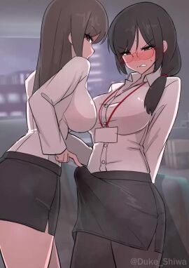 1futa 1girls 2d 2d_animation animated arms_behind_back black_hair blush breasts brown_eyes brown_hair bulge clenched_teeth cum cum_through cum_through_clothes cum_through_clothing duke_shiwa ejaculation erection erection_under_clothes erection_under_clothing female futanari glasses hair_over_shoulder indoors lanyard large_breasts large_penis long_hair longer_than_30_seconds moaning office_lady orgasm original pantyhose pencil_skirt penis ponytail precum precum_drip precum_through_clothing shirt shiwa_kou skirt sound standing sweat tagme teasing teeth touching_penis trying_not_to_cum vertical_video video white_shirt