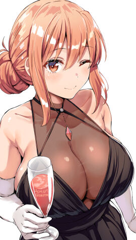 1girls alcohol artist_name bare_shoulders belko black_dress blush breasts brown_eyes brown_hair cleavage collarbone cup dated dress drinking_glass elbow_gloves female gloves hair_bun hi_res highres huge_breasts looking_at_viewer mature_female my_teen_romantic_comedy_snafu one_eye_closed see-through_cleavage see-through_clothes see-through_dress sideboob sidelocks simple_background smile solo twitter_username white_background white_gloves wine wink yuigahama_yui's_mother