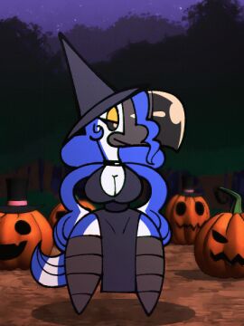 1girls 3:4 animated anthro avian beak big_breasts bird black_nipples blue_body blue_feathers breast_expansion breast_growth breast_growth_(enlargement) breasts curse expansion feathers female food food_creature fruit genitals green_leaves huge_breasts jack-o'-lantern navel nipples orange_nipples plant plant_transformation pumpkin pumpkin_transformation pussy reina_(sachasketchy) sachasketchy short_playtime shrinking size_transformation speech_bubble toucan transformation vertical_video witch_costume