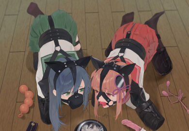 240mmap 2girls anal_beads anal_hook animal_ears ball_gag bitchsuit blue_hair bondage bound cum cum_in_bowl cum_in_container dildo egg_vibrator fake_animal_ears female gag gag_harness gagged green_eyes highres long_hair looking_at_another mask mouth_mask multiple_females multiple_girls orange_hair original peril pet_play pleated_skirt red_eyes restrained sailor school_uniform sex_toy shirt skirt vibrator white_shirt