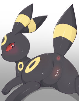 anus black_body black_eyes blush censor_bar censored eeveelution female feral feral_only generation_2_pokemon genitals hi_res himimi looking_back nintendo pokemon pokemon_(species) pussy quadruped rear_view red_sclera solo tail umbreon yellow_body