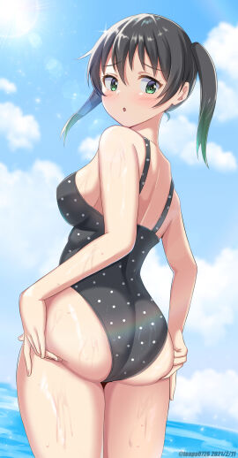 1girls absurd_res absurdres ass ass_cleavage ass_crack back bare_arms bare_hands bare_hips bare_legs bare_shoulders bare_skin bare_thighs bikini black-haired_female black_bikini black_hair black_one-piece_swimsuit black_swimsuit black_swimwear blue_sky blush blush_lines blushing_at_viewer blushing_female breasts butt_crack clouds dot_nose dripping_wet elbows embarrassed_female exposed exposed_arms exposed_legs exposed_shoulders exposed_thighs female female_focus female_only fingernails fingers green-eyed_female green-haired_female green_eyes green_hair hair_between_eyes hands_on_ass hands_on_butt hands_on_own_ass hands_on_own_butt high_resolution highres horizon lean_figure legs light-skined_female light-skinned_female light_skin looking_back love_live! love_live!_nijigasaki_high_school_idol_club medium_breasts multicolored_hair narrow_waist ocean one-piece_swimsuit open_mouth outdoors outside parted_lips sea seaside short_hair shoulders sideboob sky slender_body slender_waist slim_female slim_waist soaked solo standing swimsuit swimwear takasaki_yuu teenage_female teenager thick_ass thick_thighs thighs thin_waist tsuruyama_(tenten) twintails twintails_(hairstyle) upper_body wet wet_ass wet_belly wet_bikini wet_body wet_breasts wet_butt wet_face wet_legs wet_skin wet_thighs wide_hips