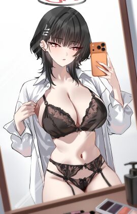 absurdres armpits black_bra black_garter_belt black_hair black_halo black_panties blue_archive bow bow_bra bow_garter_belt bow_panties bra breasts buttons container ear_piercing female fingernails garter_belt hair_ornament hairclip halo highres iphone_17_pro lace-trimmed_bra lace_trim large_breasts lingerie long_fingernails long_sleeves looking_at_phone makeup mirror narrow_waist navel oversized_clothes panties phone piercing red_eyes ribbon-trimmed_bra ribbon_trim rio_(blue_archive) shigure_s solo stomach taking_picture thighs underwear undressing white_sleeves wolf_cut